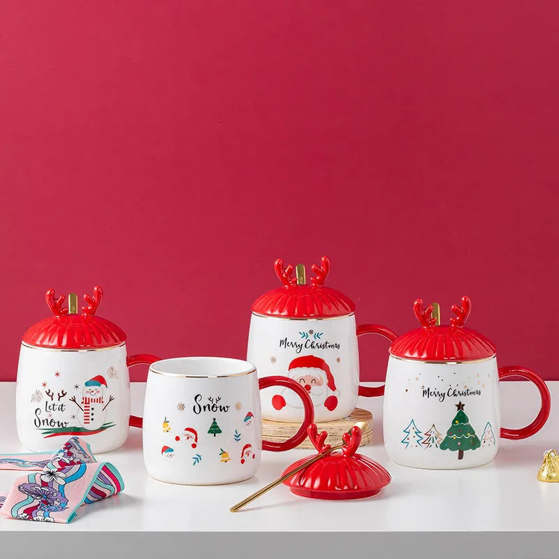 Christmas Mug With Lid Spoon Snowman Ceramic Mug - Bellarte Enchanté Christmas Mug With Lid Spoon Snowman Ceramic Mug